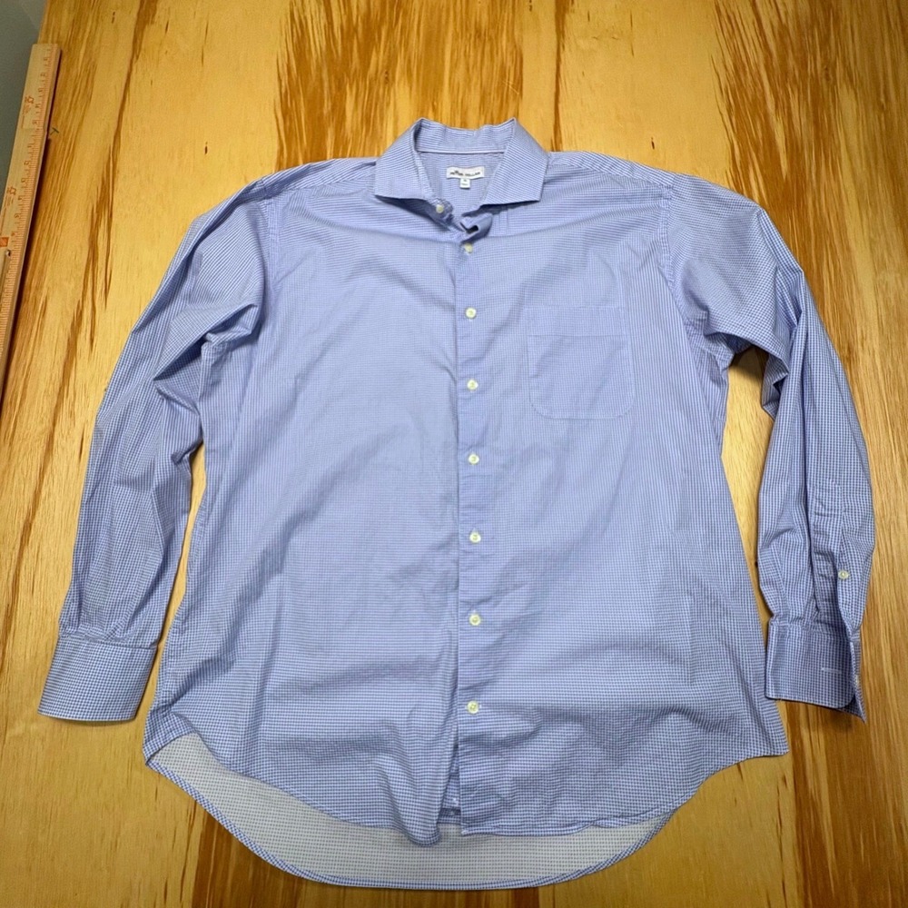 Peter Millar Long Sleeve Button Up Spread Collar Blue Dots Mens XL